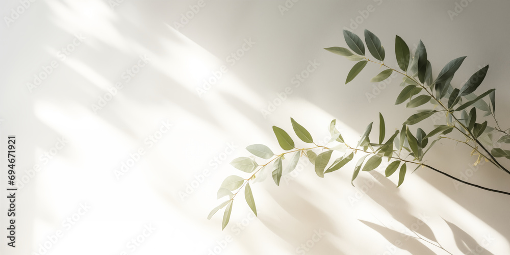 Light beige minimalistic background with a tree branch. Bright sunlight and shadows from the foliage. Light beige minimalistic background with a tree branch. Bright sunlight and shadows from the foliage.