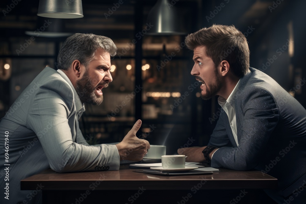 Photo of a boss and employee in a difficult conversation with visible tension. Generative AI