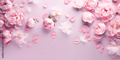 Beautiful delicate peony flowers on pink background. A card for Easter, Women's Day, Mother's Day, Valentine's Day. Top view.