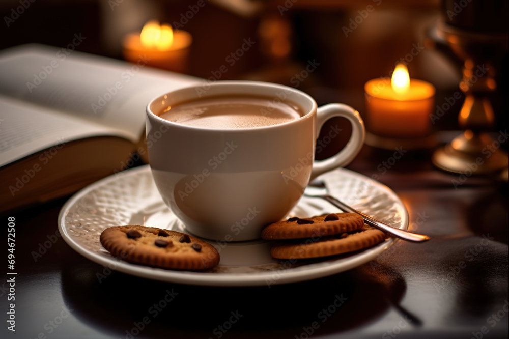 A cup of coffee with delicious cookies against the backdrop of your favorite playbook with romantic and warm candlelight. A cup of coffee with delicious cookies against the backdrop of your favorite playbook with romantic and warm candlelight.