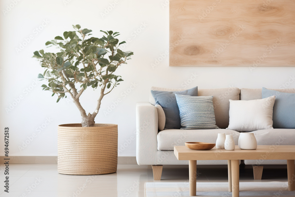 Plant pot next to sofa in the living room in a minimalist style with a natural atmosphere.