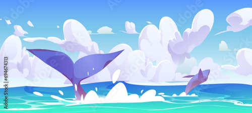 Cartoon sea or ocean landscape with jumping whales. Sunny day vector illustration with whale or orca tail and splashes on water. Observing and exploring large cetacean animal in its natural habitat. photo