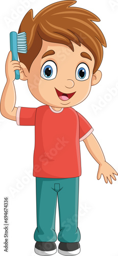 Cartoon little boy combing hair