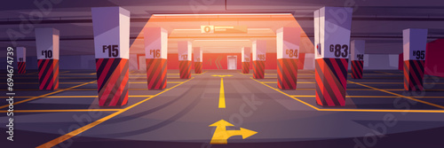 Empty underground car parking interior with markings and direction arrows, concrete floor and columns. Cartoon vector illustration of public basement lot. Garage area with free parking space.