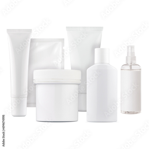 A set of cosmetics. Cosmetics in white packages, vials, tubes. Cosmetologist's kit. Cosmetics for face and body.