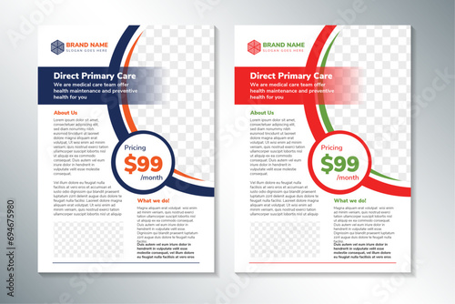 collection of direct primary care flyer design template with space for photo collage on top and bottom. white background with blue and red colors. photo