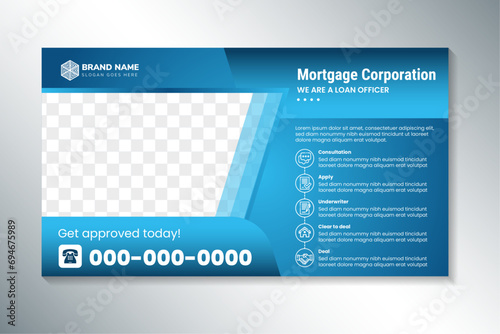 mortgage corporation, we are loan officer cover page banner design template with space for photo. blue gradient background. icon infographic