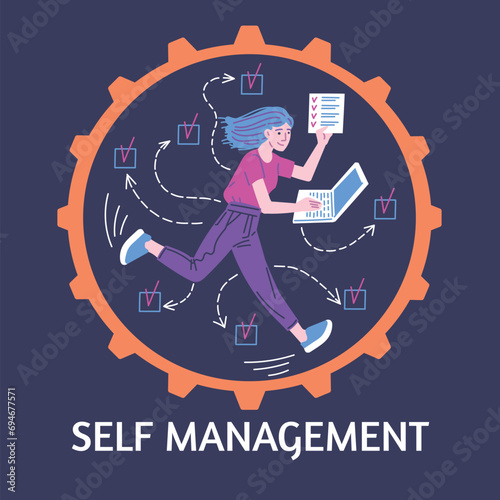 Banner about self management and productivity flat style, vector illustration