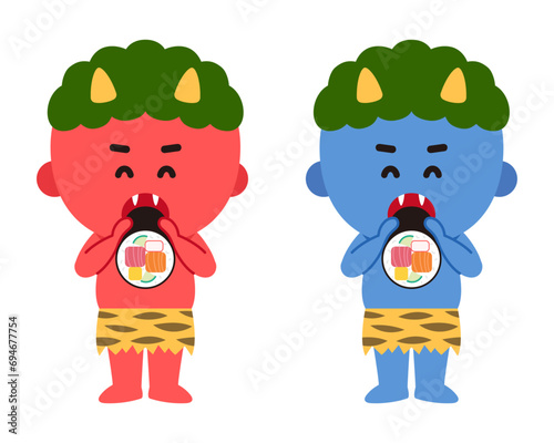 恵方巻を食べる赤鬼と青鬼のイラスト