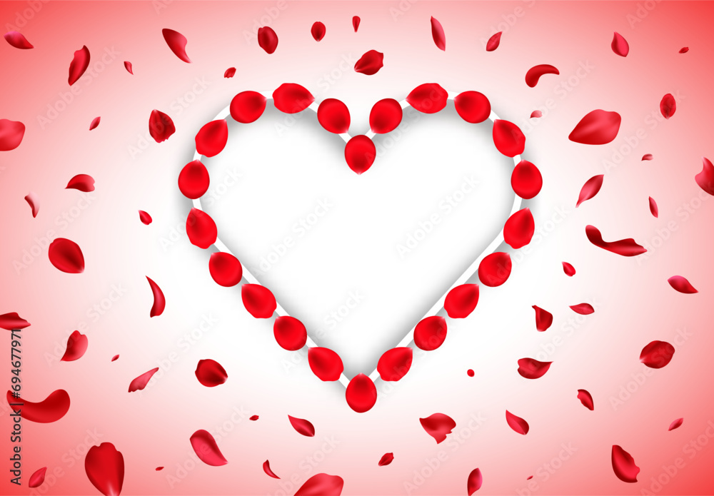Rose petal falling. Confetti pelal. Petals in the shape of a heart. Valentine's day card design