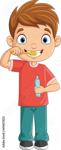 Cartoon little boy brushing teeth