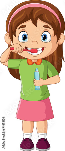 Cartoon little girl brushing teeth