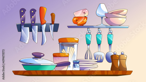 Cartoon wooden kitchen shelf with standing and hanging utensil for cooking and eating. Vector kitchenware setup - frying pan and knifes, plates and cups, food and spices in glass and ceramic bowls.