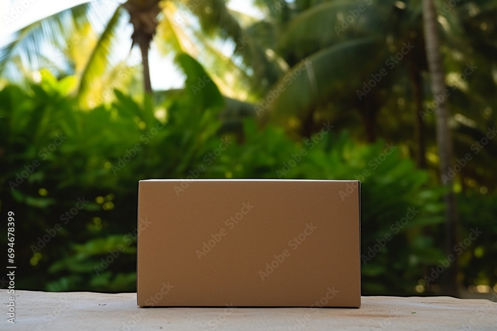 A tropical-themed empty magnetic cardboard box with copy space on blank labels for customization