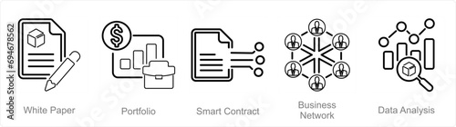 A set of 5 Blockchain icons as white paper, portfolio, smart contract