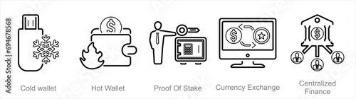 A set of 5 Blockchain icons as cold wallet, hot wallet, proof of stake