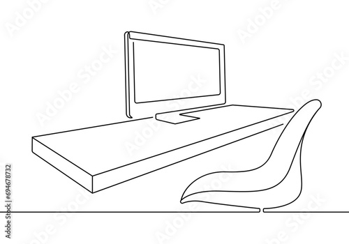 Continuous One Line Drawing of Computer on Table. Work Space, Call Center, Communication One Line Illustration. Web Technology PC Minimalist Contour Drawing. Vector EPS 10