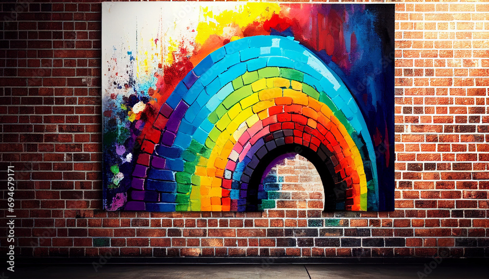brick wall, A colorful painting on a brick wall next to a white brick ...
