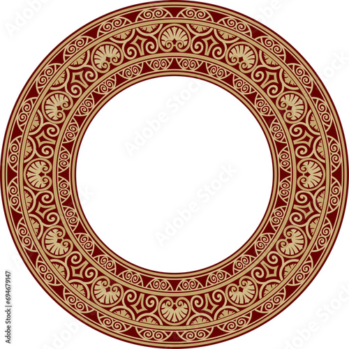 Vector gold and red round classic renaissance ornament. Circle, ring european border, revival style frame..