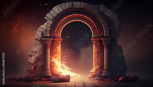 Foto Ancient classic architecture stone arches with flames background,  ,ancient roma