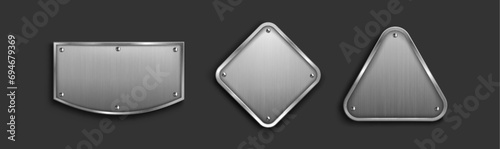 Steel tag plate with borders and screws. Realistic vector set of metal nameplates or boards with empty space for sign. Silver plaque or stainless frame mockup. Blank shape with chrome texture surface.