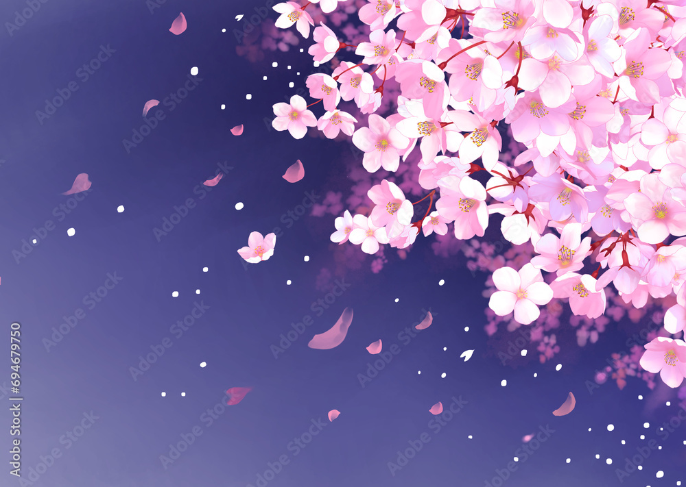 桜と夜空　夜桜　桜吹雪　背景素材　お花見　さくら景色　ライトアップ　