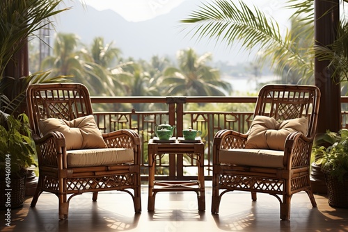 Design a tranquil outdoor scene featuring a rattan patio set placed on a wooden deck in a sunlit garden.