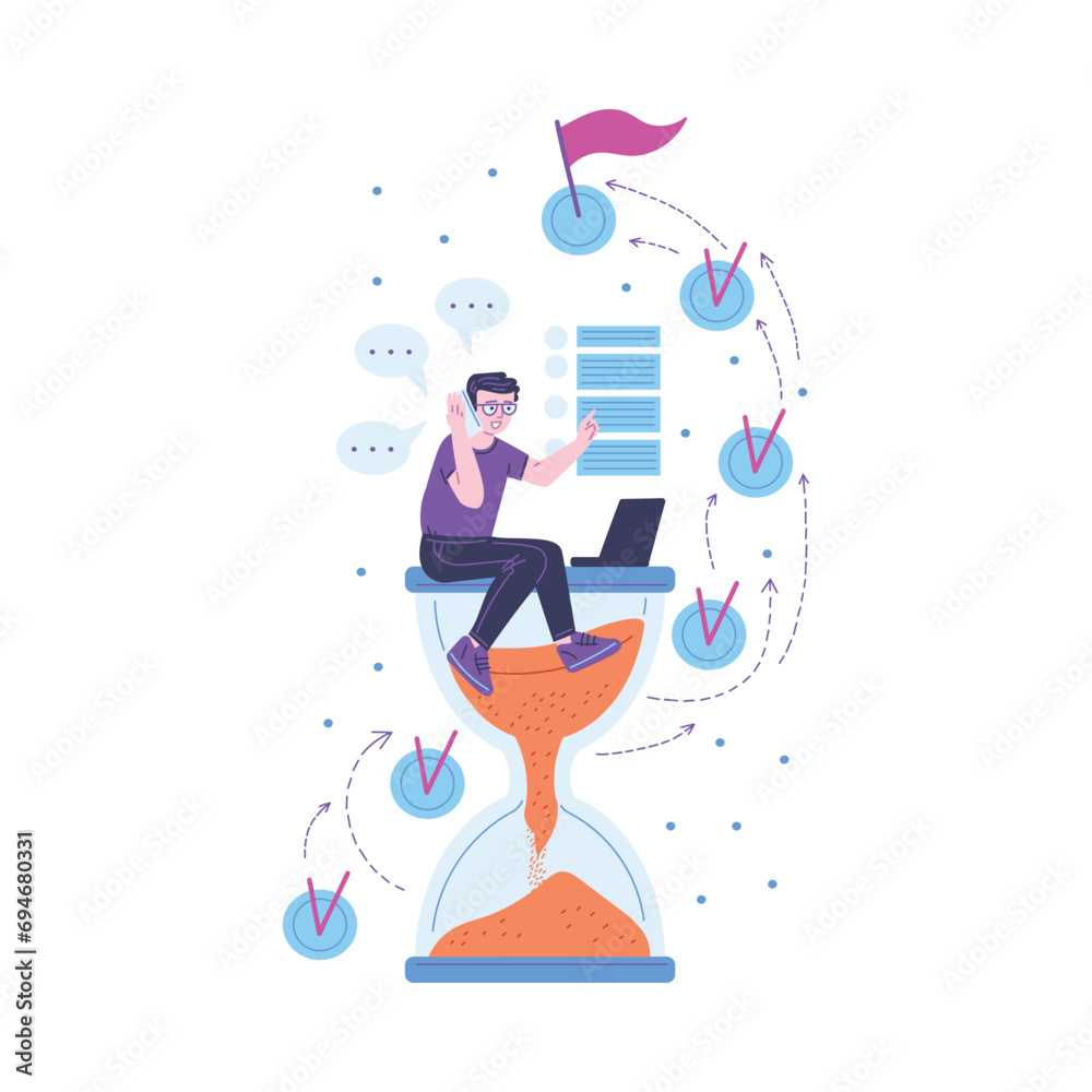 Fototapeta premium Tiny man sitting on hourglass, talking on the phone, working on laptop and complete tasks.