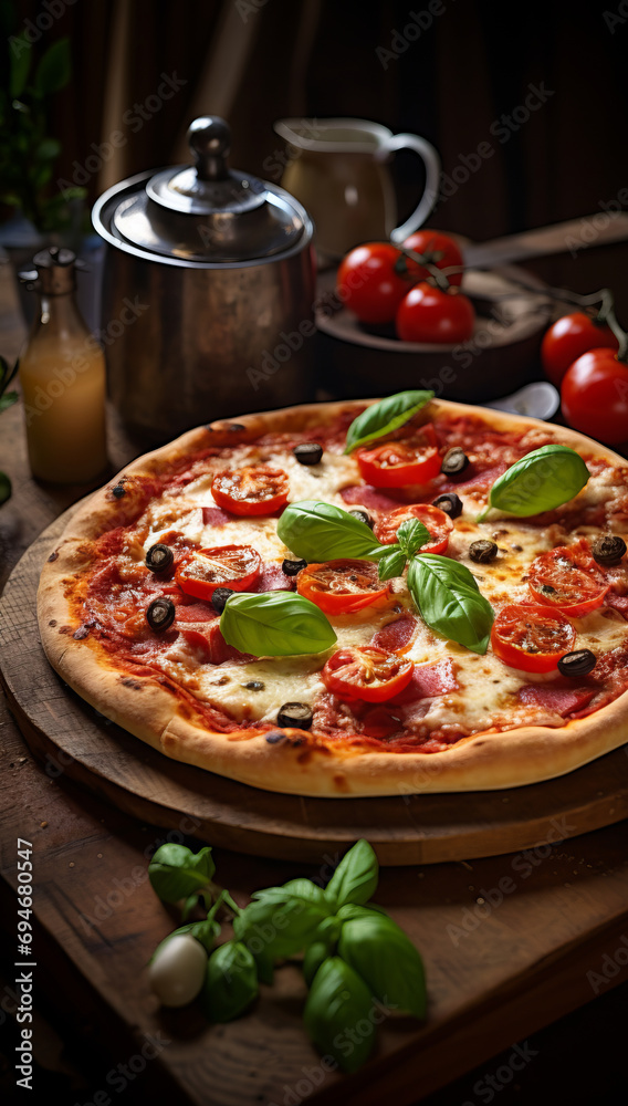 Italian Restaurant Special. Ham and Mushroom Pizza on Wood