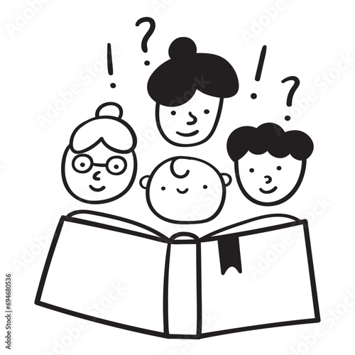 Grandmother, mum and her kids read book. Vector outline icon. Graphic design isolated illustration