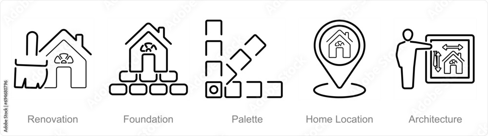 A set of 5 Build icons as renovation, foundation, palette A set of 5 Build icons as renovation, foundation, palette