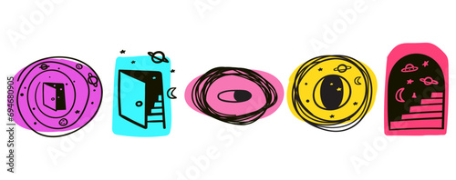 Portals to other dimensions set. Doors, staircases, arches, magic eyes. Vector isolated illustration.