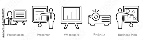 A set of 5 Business Presentation icons as presentation, presenter, white board