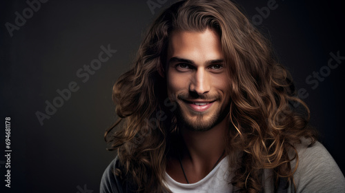 Handsome elegant sexy smiling Caucasian man with perfect skin and long hair, on a silver background, banner, close-up.