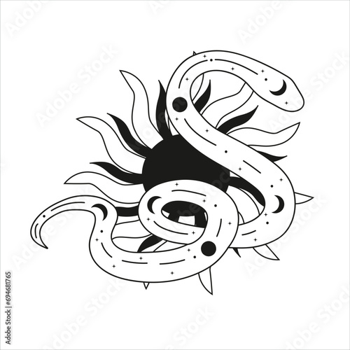 Vector snake set of mystical magic objects- moon, eyes, constellations, sun and stars.Print ready vector design for Tshirt, Mug and printing item. bundle design  .Black and white view.