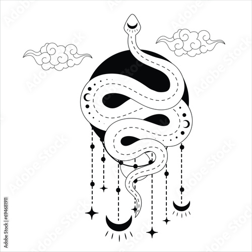 Vector snake set of mystical magic objects- moon, eyes, constellations, sun and stars.Print ready vector design for Tshirt, Mug and printing item. bundle design  .Black and white view.