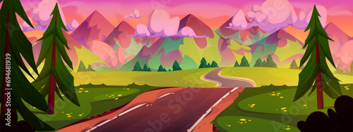 Mountain road perspective. Vector cartoon illustration of beautiful morning scenery with pink sunrise sky, clouds above rocks, green grass, flowers and fir tree forest along highway, vacation travel