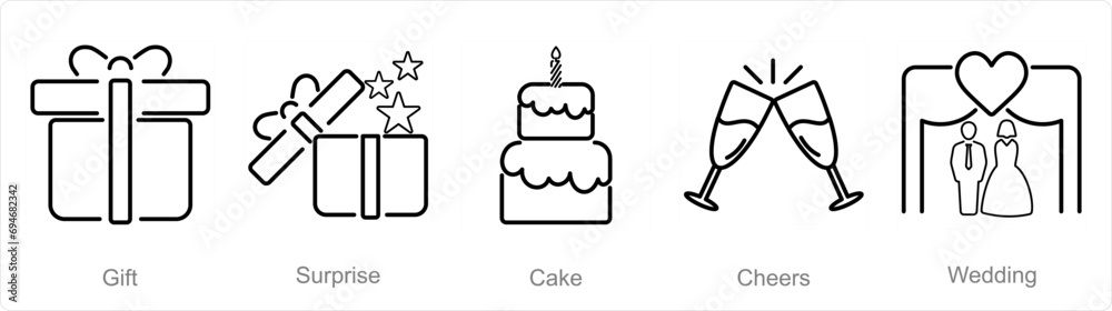 A set of 5 Celebrate icons as gift, surprise, cake A set of 5 Celebrate icons as gift, surprise, cake