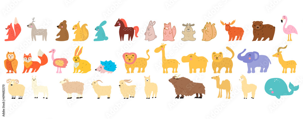 Cute animals from different habitats. Children design. Flat vector illustrations on white background.