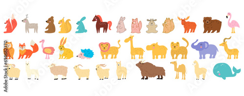 Fototapeta Naklejka Na Ścianę i Meble -  Cute animals from different habitats. Children design. Flat vector illustrations on white background.