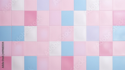 A soft pink and blue pastel-colored checkered square mosaic tiles wall texture background, designed in a seamless pattern.