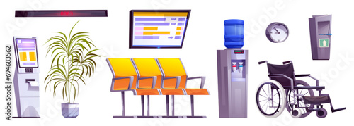 Hospital reception room interior furniture and equipment. Cartoon elements for medical service and waiting hall - chairs for patients to sit in and wheelchair, water dispenser and decorative plants.