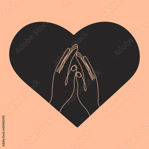 Touch of two hands in heart. one line art style. Vector illustration isolated on a peach fuzz and black background