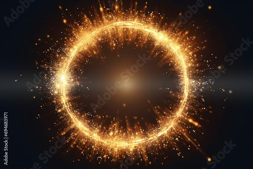 Gold glitter circle of light shine sparkles and golden spark particles in circle frame on black background. Christmas magic stars glow, firework confetti of glittery ring shimmer	