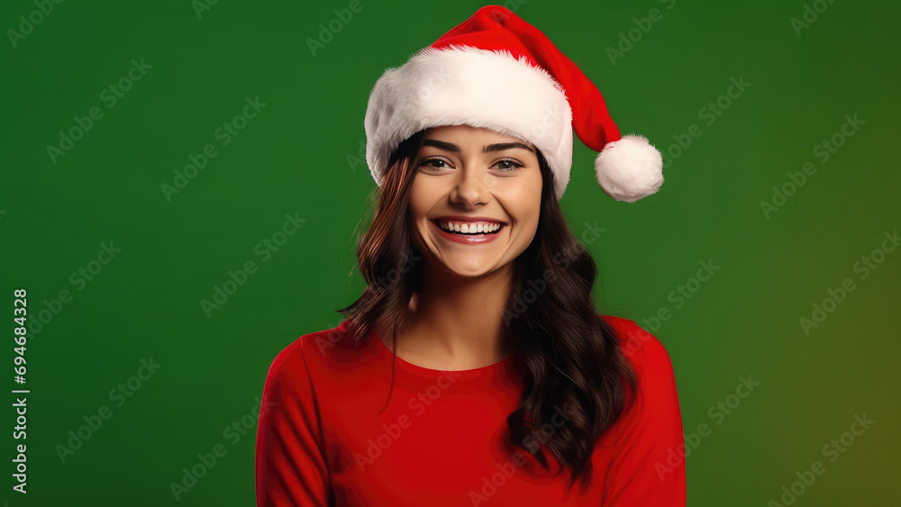 Portrait happy young female sing Christmas song in Santa hat. Close up. Xmas holiday. Generative AI. Portrait happy young female sing Christmas song in Santa hat. Close up. Xmas holiday. Generative AI.