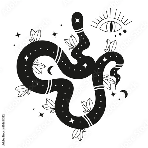 Vector snake set of mystical magic objects- moon, eyes, constellations, sun and stars.Print ready vector design for Tshirt, Mug and printing item. bundle design  .Black and white view.