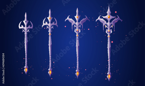Poseidon or Neptune fantastic trident made of metal and gemstones for game ui level range. Cartoon vector illustration set of mythology harpoon or trishul decorated with jewelry with magic power