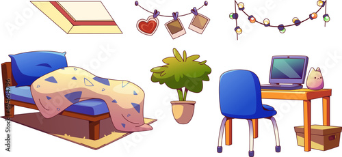 Attic bedroom interior furniture and equipment. Cartoon vector illustration set of items for sleep, study and work in mansarda room - tilted window, bed with pillow and blanket, desk with laptop.