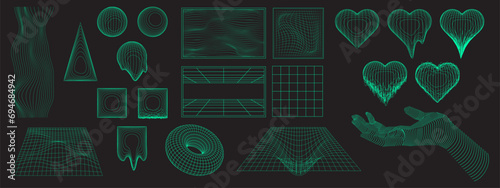 Y2k grid abstract shape and design elements. Wireframe vector illustration set of geometric forms and symbols for retro futuristic 2000s and brutalism style design. Simple wire cyberpunk figures.
