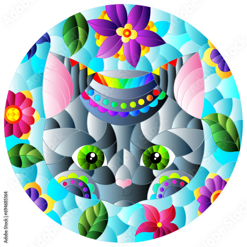 Stained glass illustration with the face of a funny cartoon kitten and flowers on a blue background, round image in bright frame